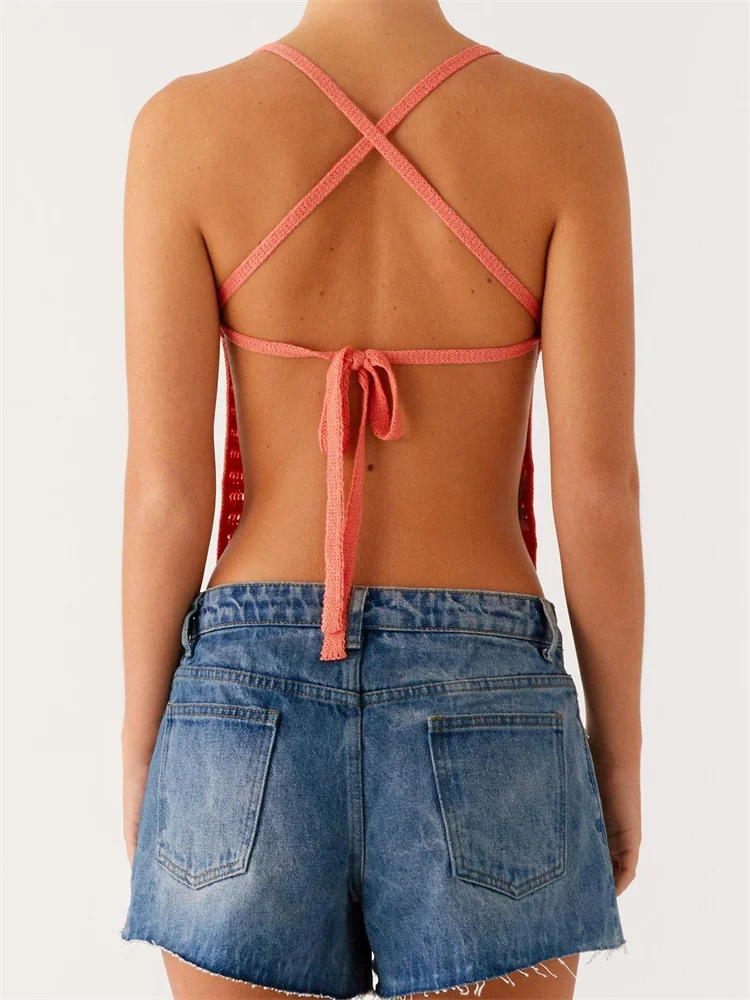 

Dourbesty Sleeveless Halter Backless Tie-up Camis Crop Tops for Women Knitted 3D Flowers Patchwork Off Shoulder Tank Mini Vests