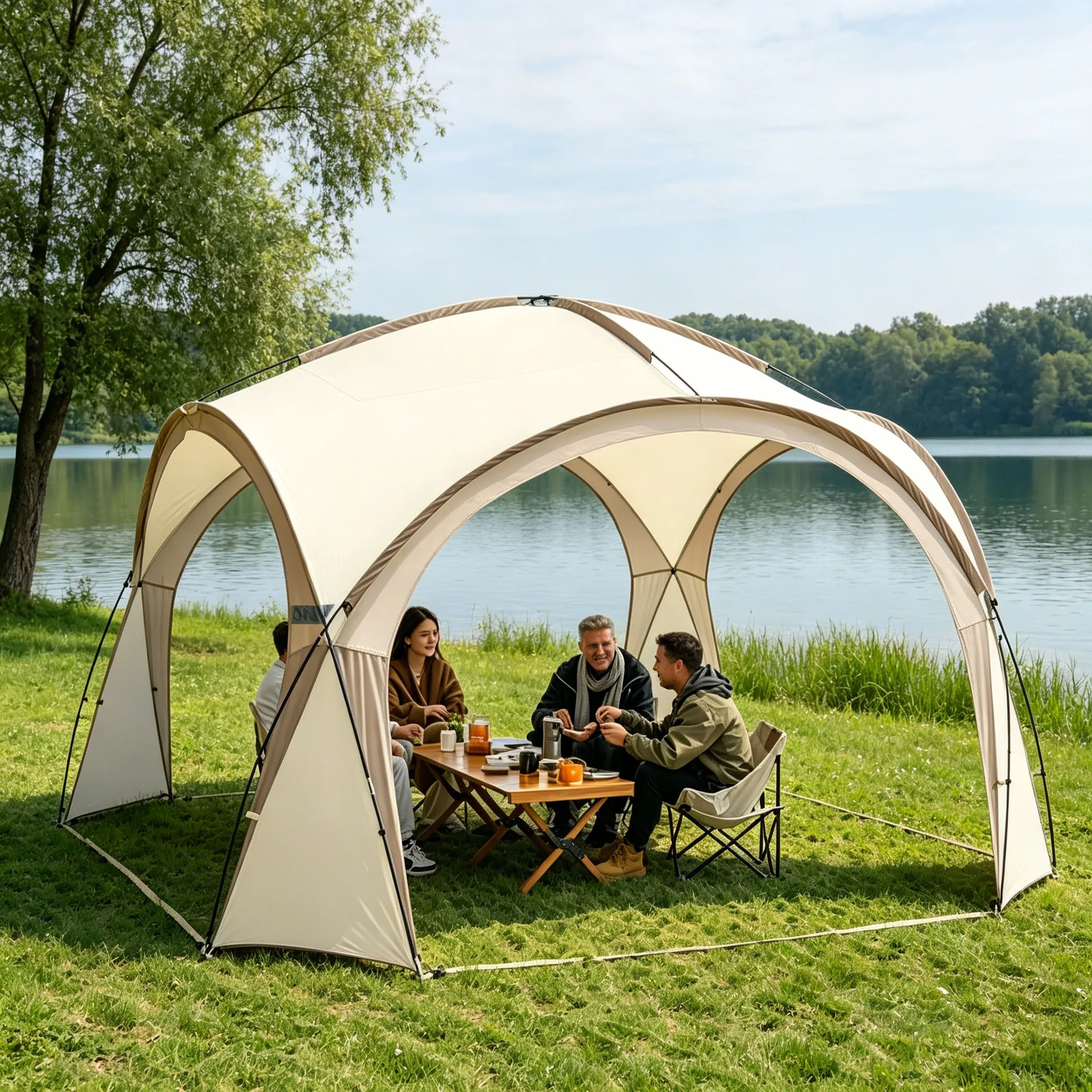 

Extra-large dome-shaped outdoor awning with ample space to comfortably accommodate large groups. Features ventilation on all four sides, a sturdy, wind-resistant frame, and is both sun- and water-resistant. Suitable for a variety of outdoor settings.