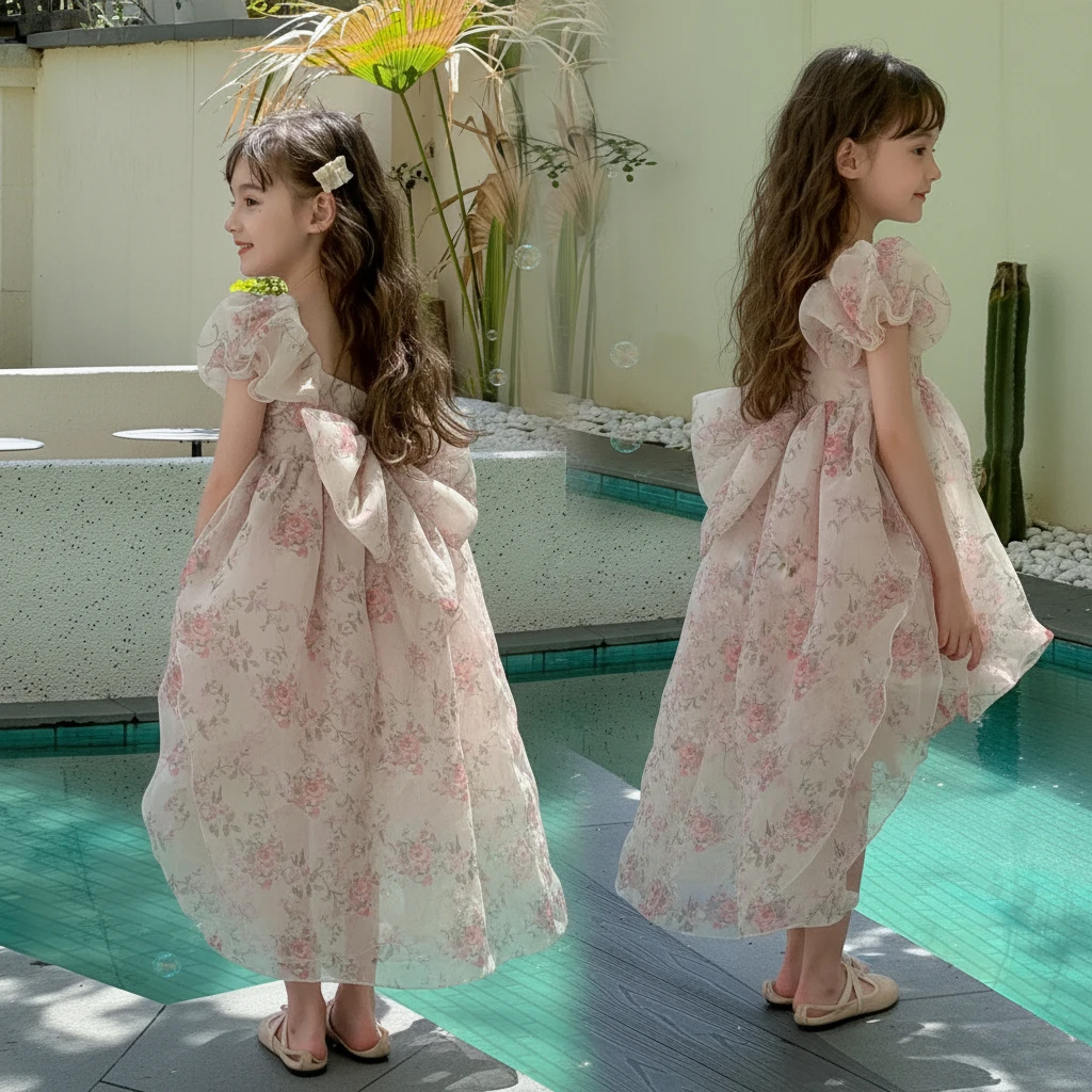 Summer Girl Dress Floral Chiffon Princess Dress Big Bow High Low Trailing Party Vestidos Kids Birthday Wedding Children Clothes