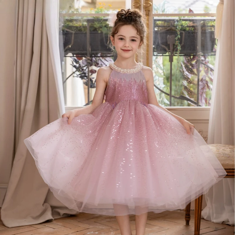 2026 Children Girls Dress New Kids BirthdayParty Fashion Sleeveless Princess Gown Summer Pink Tulle Formal Pageant Costume