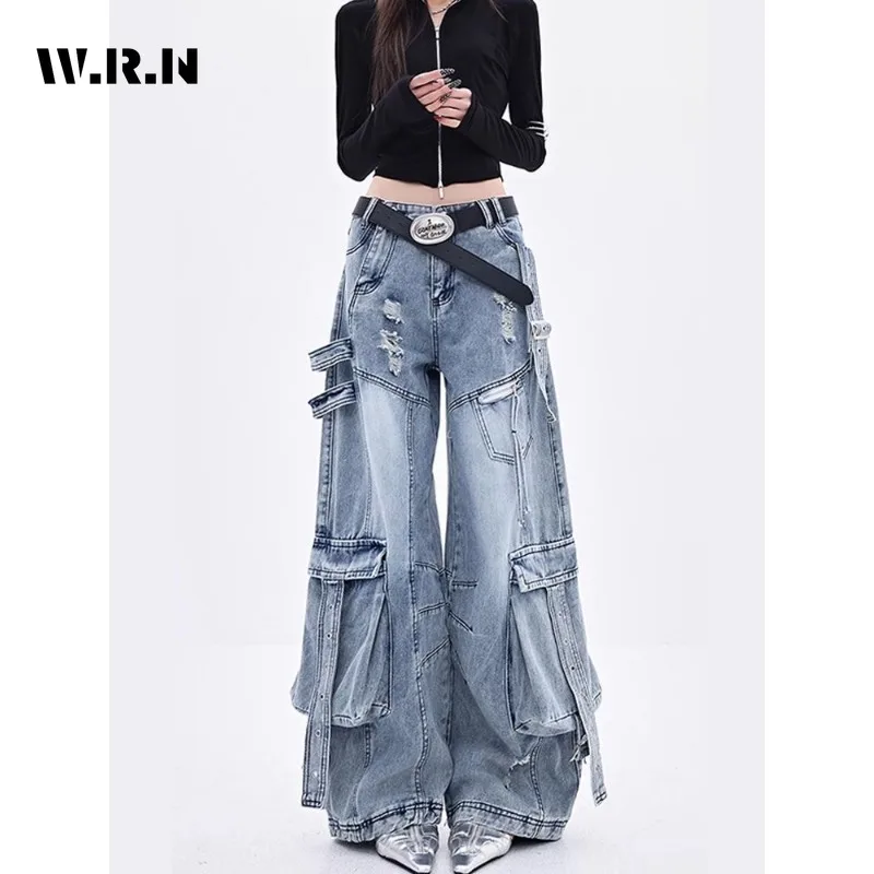 

Лето 202, Y2K Damage, широкие потертые брюки, винтажные джинсы Kpop, женские рваные свободные брюки в стиле эмо, светло-голубые джинсовые брюки