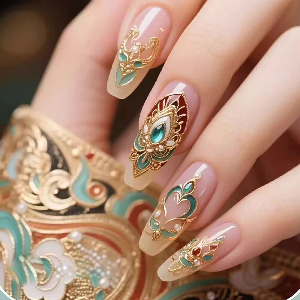 Pegatinas para decoración de uñas Dunhuang con estampado en caliente 5D, diseño de tótem de flor francesa elegante, calcomanías para uñas DIY, deslizadores de decoración de uñas de estilo chino