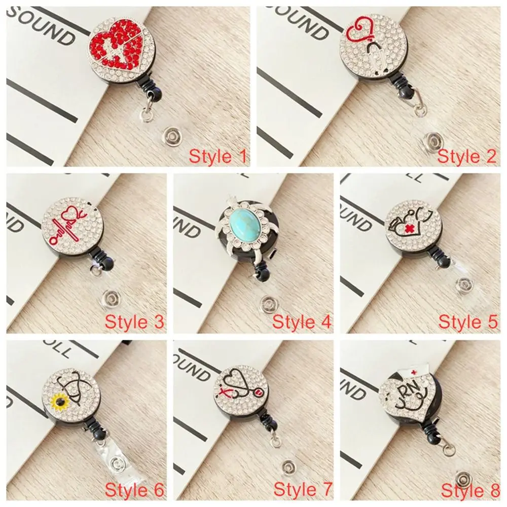 Diamant Intrekbare Badge Reel Steentjes Alligator Clip Easy Pull Gesp Shinny 360 Roterende Id Badge Houder Ziekenhuis