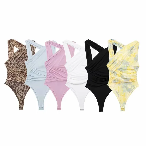 

High Stretch Asymmetrical Ruffle Chiffon Bodysuit Women Fashion Sleeveless Vest