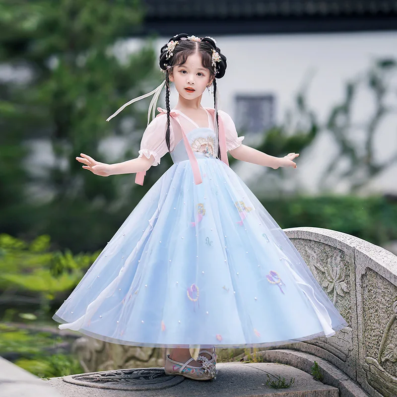 

Girls Folk Dance Performance Traditional Blue Dress Ancient Chinese Costume Kids Fairy Hanfu Clothing