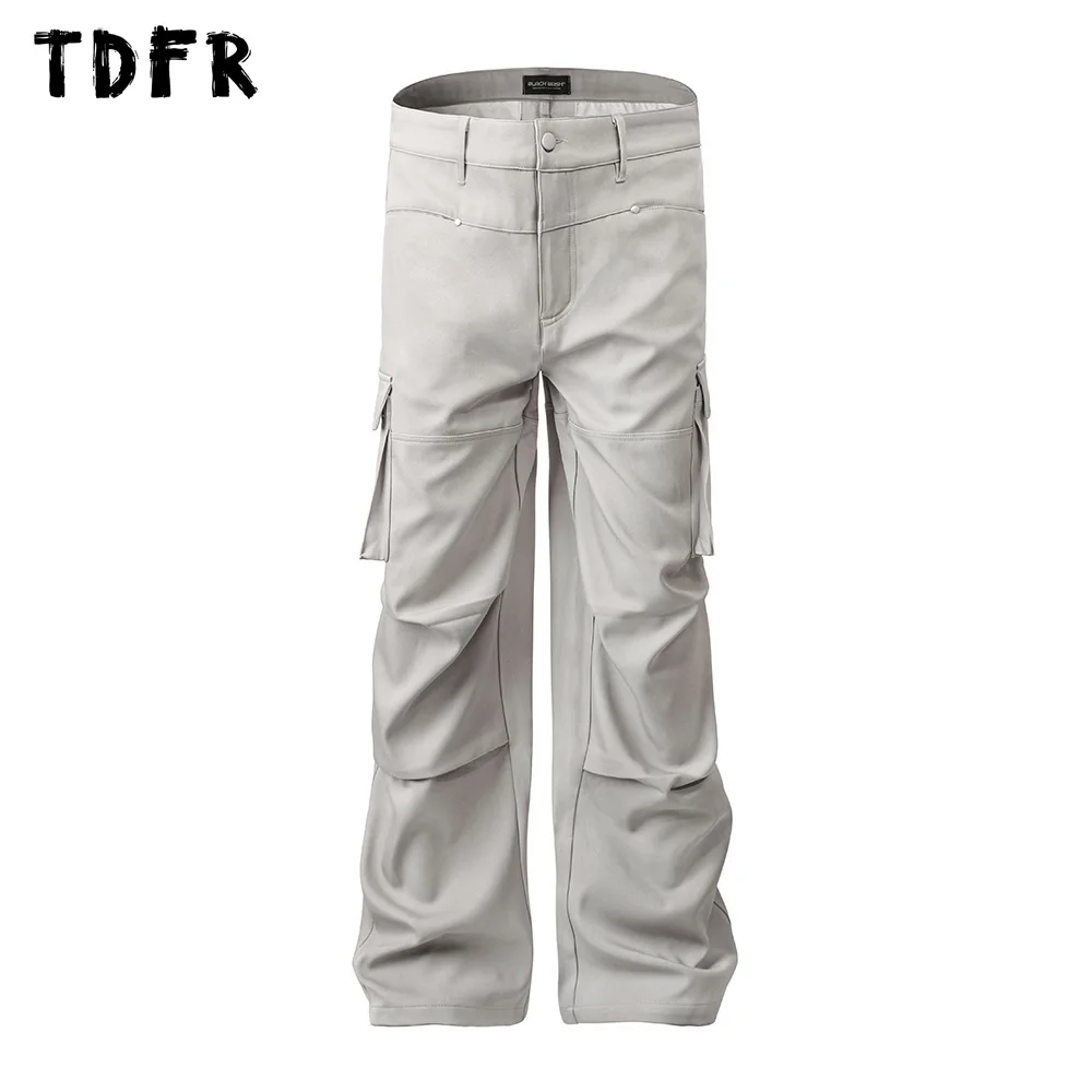 Pleated Cargo Pants Mens Spliced Solid Color Multi-Pocket Safari Style Loose Wide leg Trousers Men