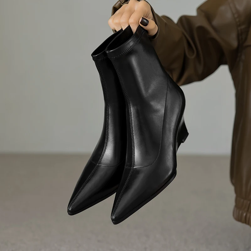2026 new autumn winter women ankle boots 22-25cm Elastic microfiber+pigskin/plush pointed toe back-zip wedges short boots