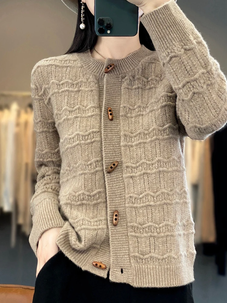 

New Outerwear Fashion Women's 100% Merino Wool Sweater Autumn Winter Knitwear Hollow Out Cardigan Long Sleeve Clothing Lady Tops