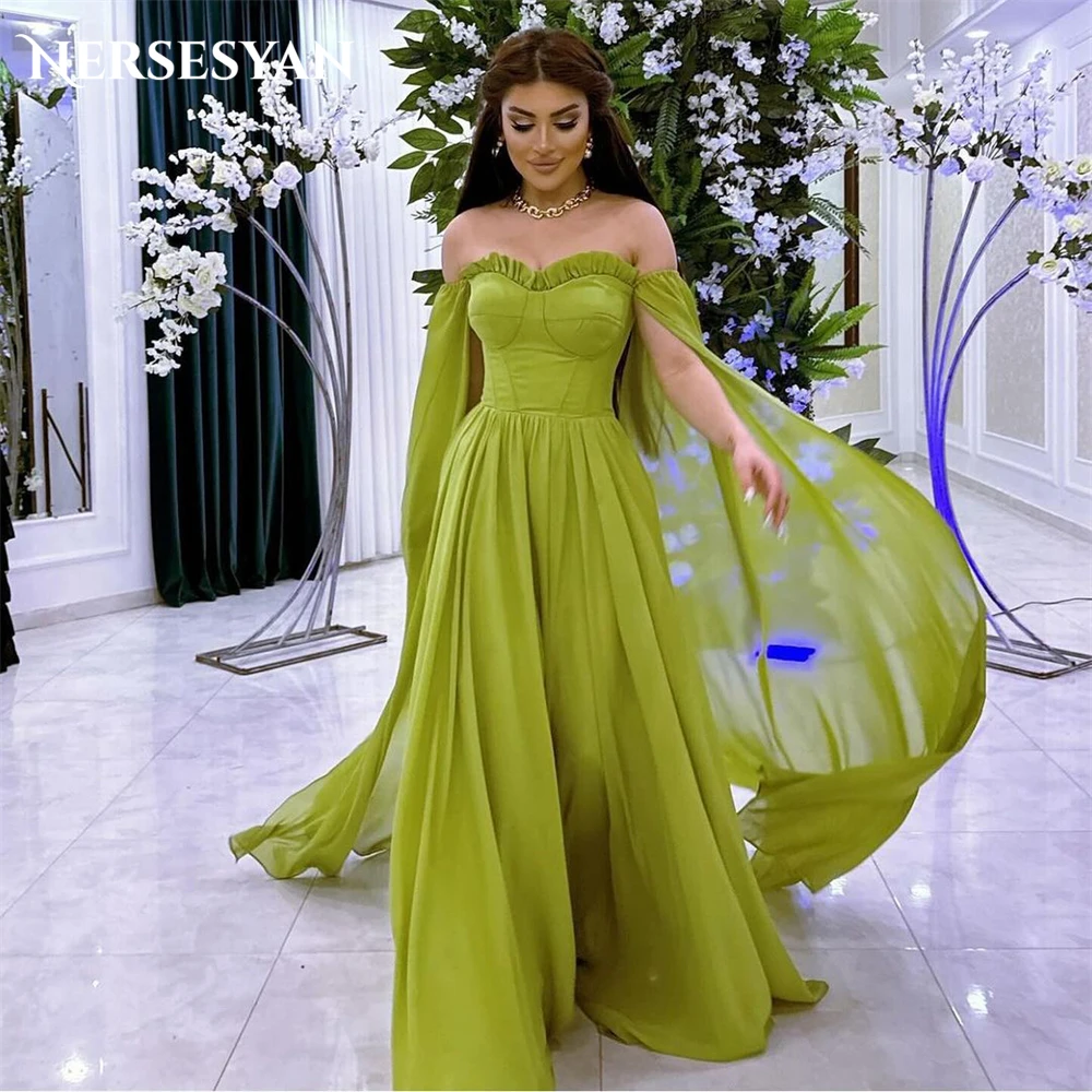 

Nersesyan Green Dubai Formal Evening Dresses A-Line Angel Sleeves Ruched Off Shoulder Prom Dress Backless Pageant Party Gowns