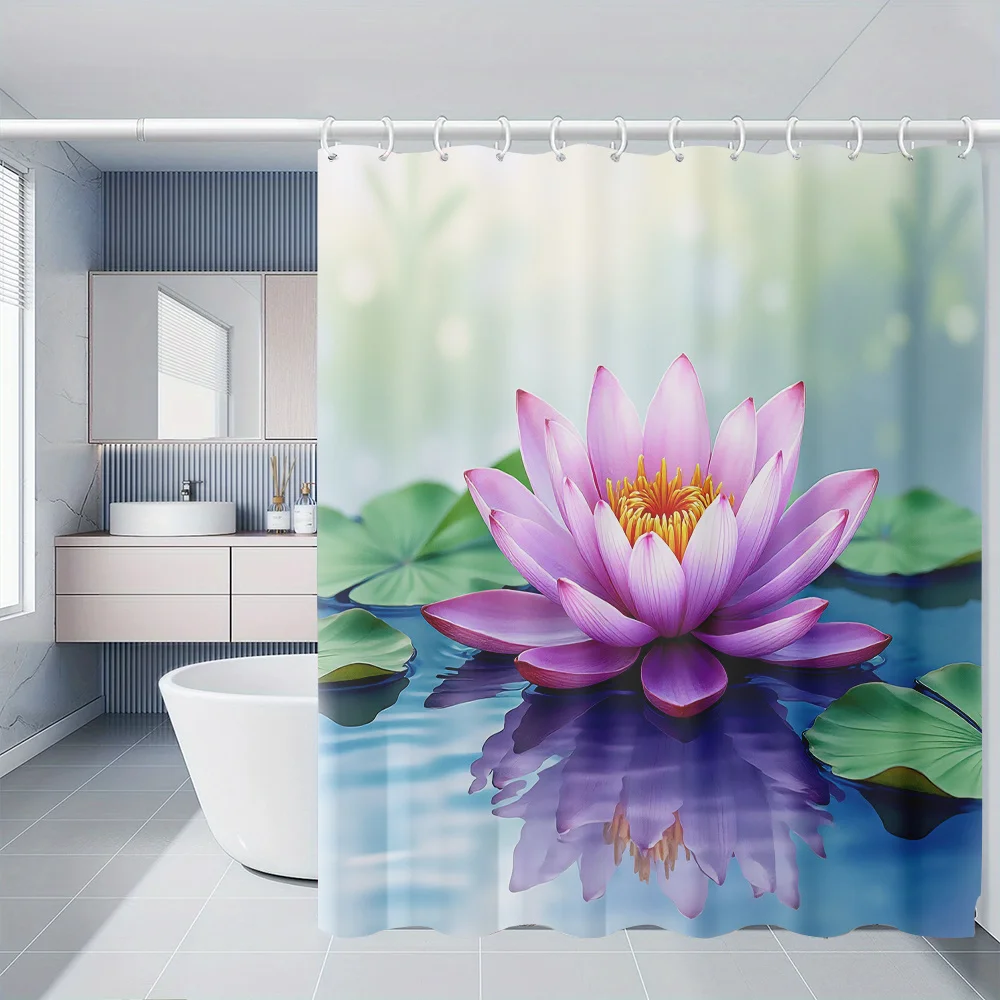 Luxurious Pink Lotus Floral Pattern Shower Curtain Bathroom Waterproof Polyester Spa Decor Tropical Nature Shower Liner for Mode
