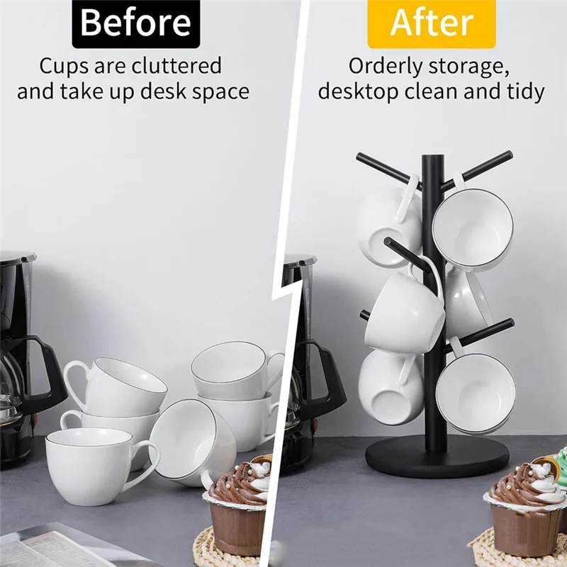

ALIM-Bamboo Coffee Cup Holder With 6 Hooks, Thickened Base Black Mug Tree, Counter Storage Rack