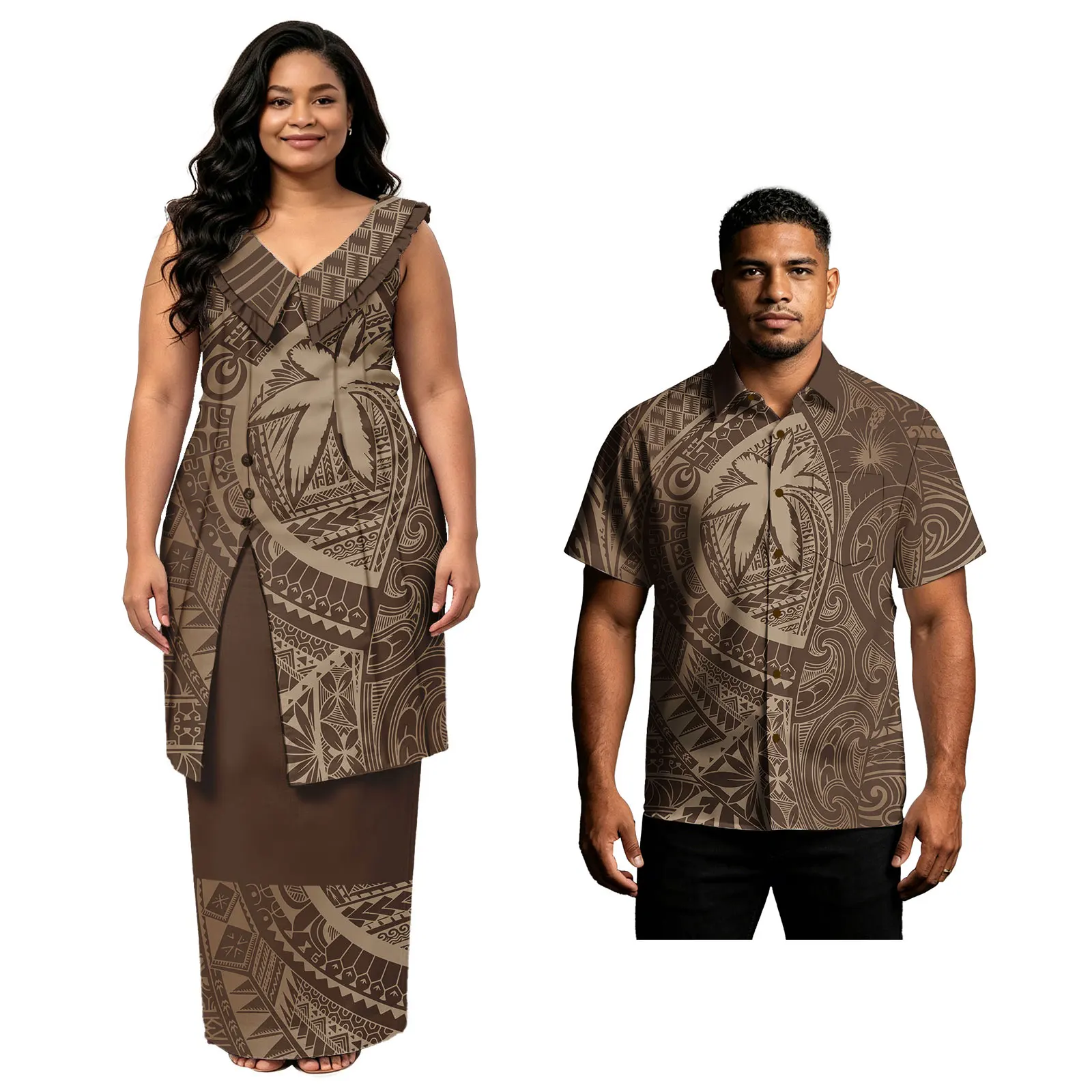 Men Trendy Beach Shirts Women's Sleeveless Samoan Puletasi Outfits Casual Party Church Polynesian Tribal Design Sets of Couples