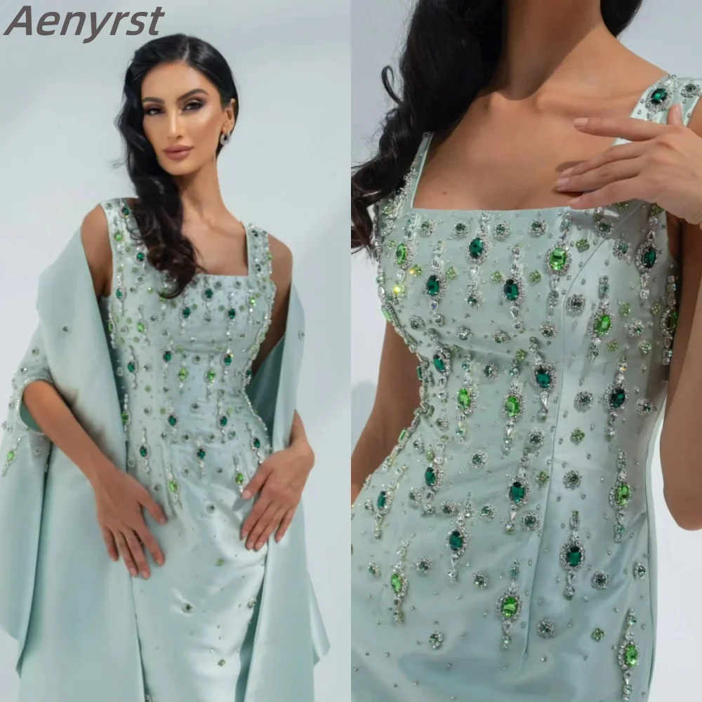 

Luxury Green Crystal Beading Prom Dresses 2-Piece Jacket Back Split Evening Dress Square Collar Dubai Formal Wedding Party Gowns