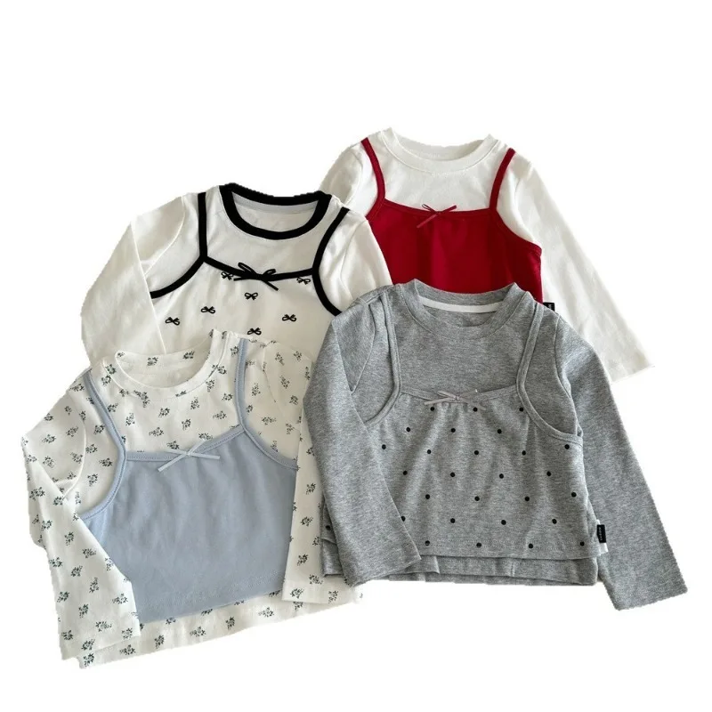 الفتيات قاعدة تي شيرت 2025 الخريف الطفل وهمية اثنين طويلة الأكمام تي شيرت البولكا نقطة النمط الغربي قمة لطيف اليومية عادية