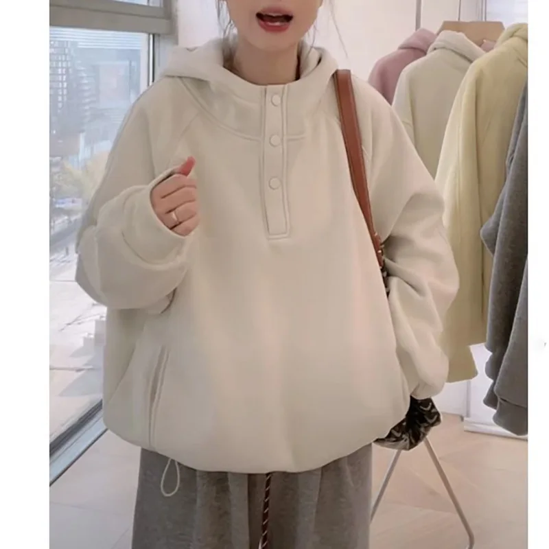 

Плюшевая утепленная толстовка с воротником-стойкой и капюшоном для женщин на весну, новая модель больших размеров, свободный и повседневный дизайн