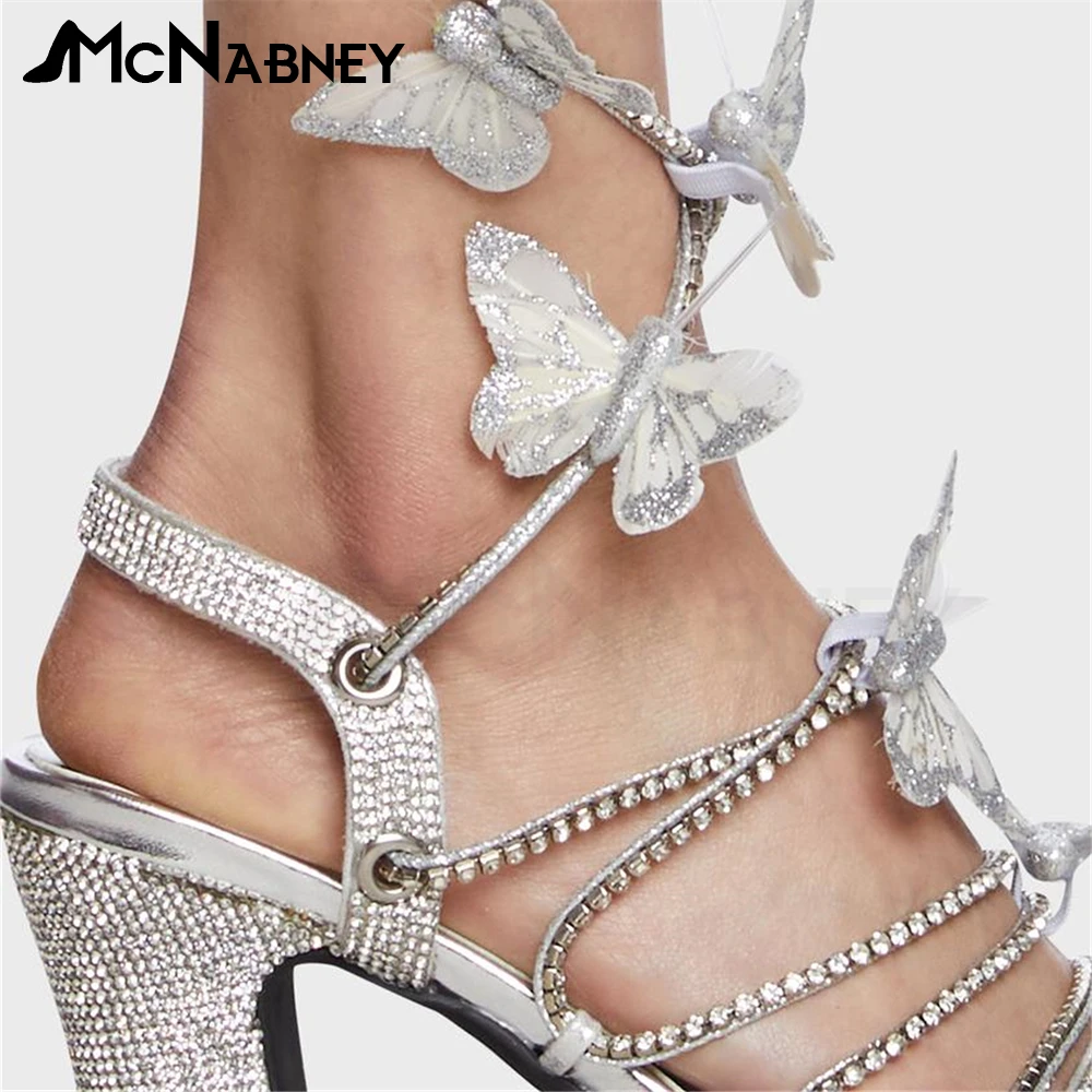 Butterfly Rhinestone Strap Sandals Platform Chunky Heel Bling Bling Summer Shoes Ankle Strap Diamond Chain Women\'s Summer Shoes