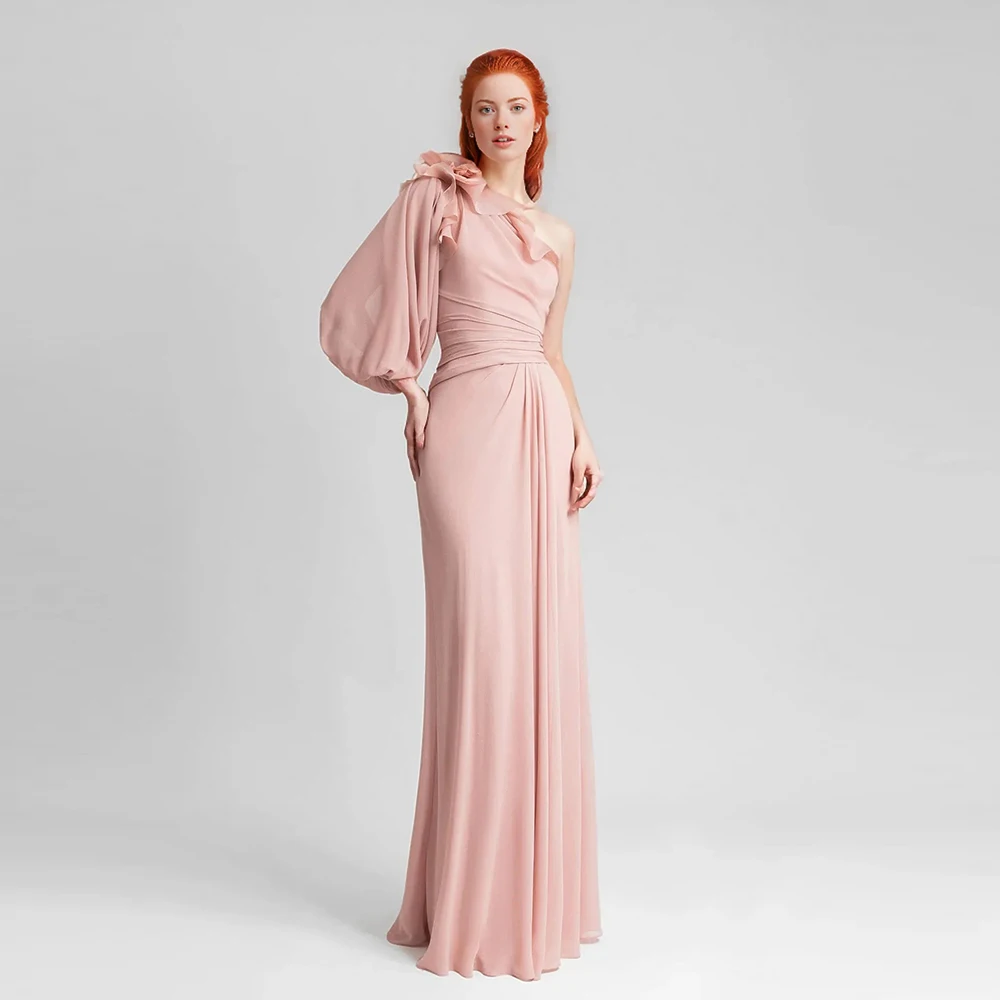 Chiffon Evening Dress For Sexy Women 정장원피스 Vestidos de festa Elegant Ruched One-Shoulder A-Line Floor-Length Cocktail Prom Gown