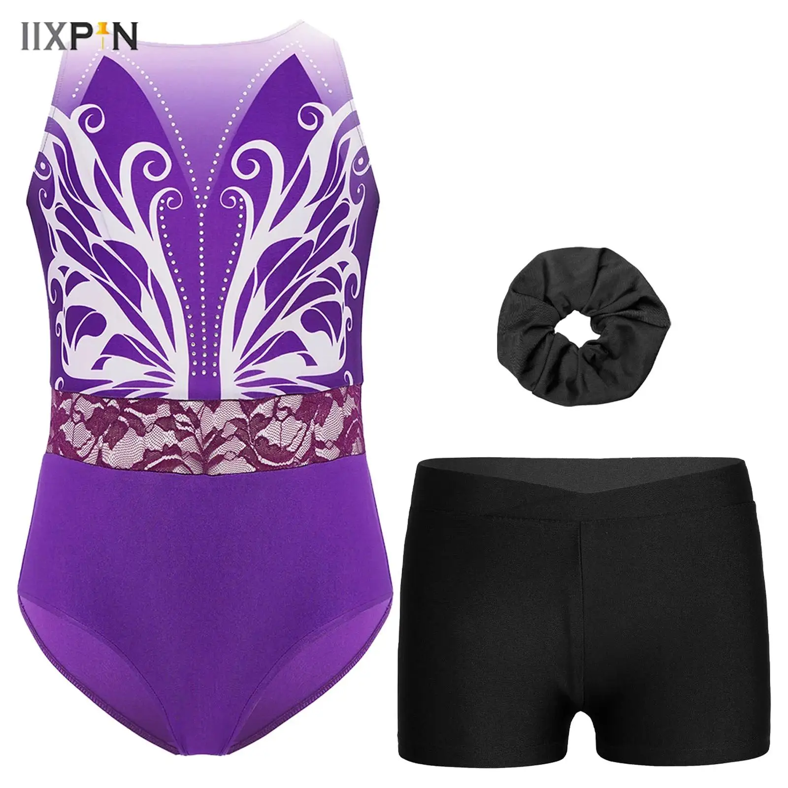 

Kids Girls Gymnastics Figure Skating Dance Leotard Shiny Rhinestones Printed Lace Waist Sleeveless Leotard+Shorts+Headwear 3Pcs