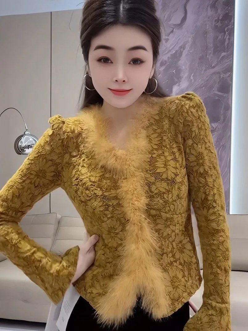 

Женская кружевная блузка с длинным рукавом и V-образным вырезом, осенне-зимняя термоблузка с разрезом, модная, для повседневной носки