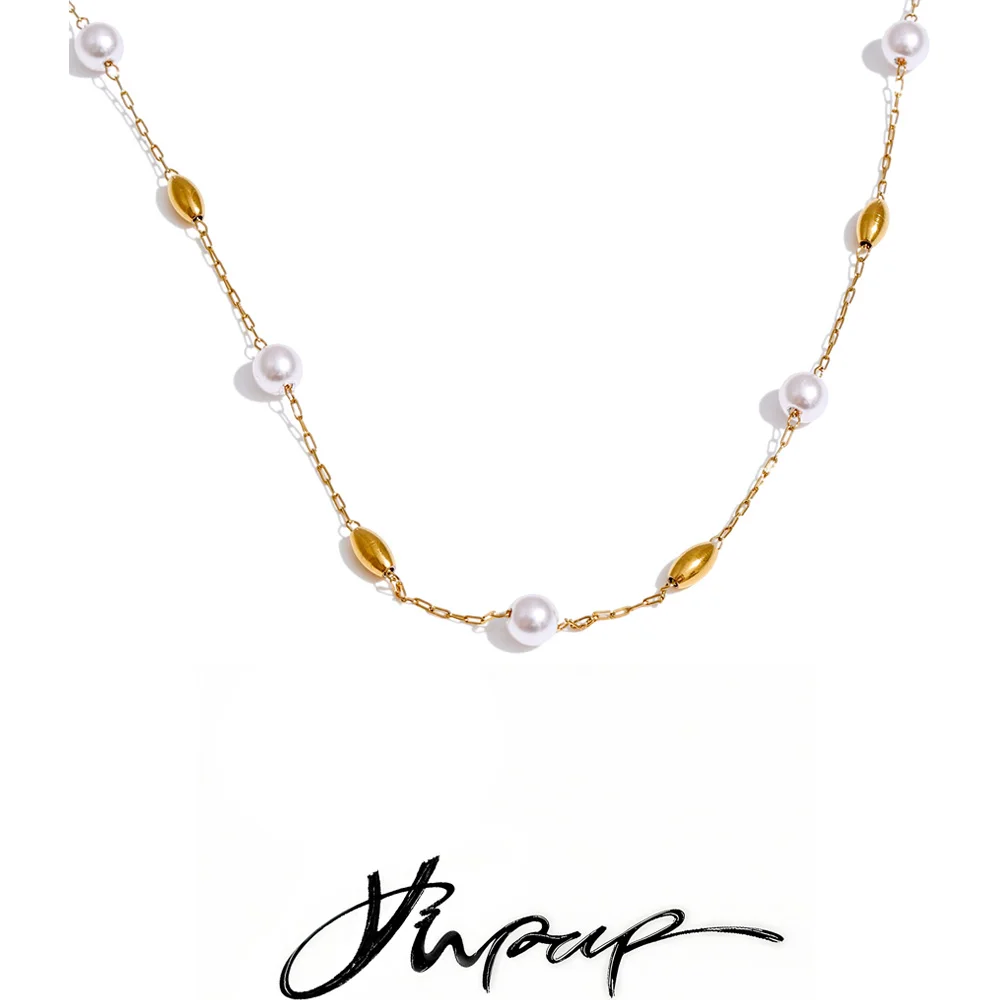 Yhpup Fashion Stainless Steel Simulated Pearls Bead Chain Necklace Tarnish Resistant 18K Golden Plated Collar Chic Neck Jewelry