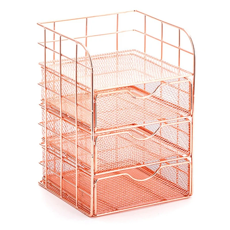 

Stationery Metal File Shelf Desk Organizer With Drawers And Metal Mesh Shelving For Office, School And Home, Rose Gold