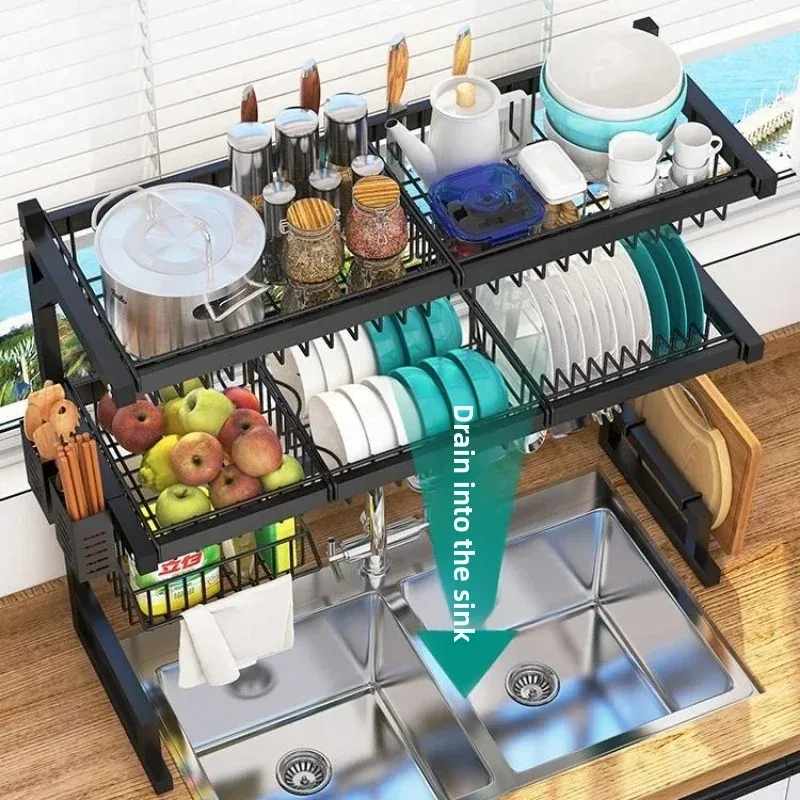 رف تجفيف الأطباق القابل للتوسيع فوق الحوض ، تصميم سريع ، كبير من الفولاذ المقاوم للصدأ ، منظم طاولة المطبخ