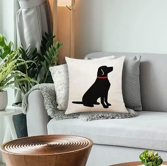 Black Dog Silhouette Pillowcase, Minimalist Pet Lover Cushion Cover, Red Collar Puppy Art, Modern Home Sofa Decor Gift