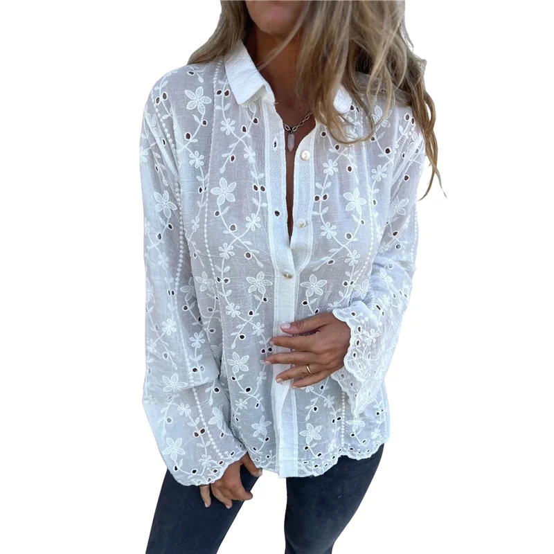 

AG-Eyelet Tops For Women V Neck Lace Patchwork Shirts Casual Hollow Out Flower Petal Sleeve Button Tops