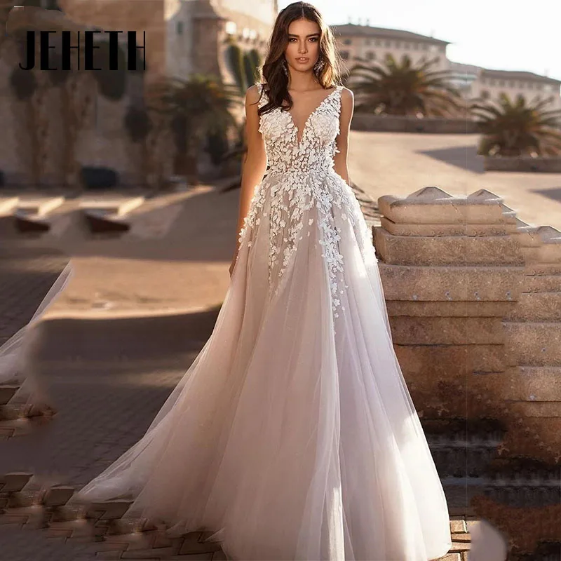 JEHETH elegante abito da sposa in pizzo a-line 2023 Sexy Applique Backless Tulle abiti da sposa Sweep Train Custom Made Vestido De Novia JEHETH Elegante A-Line Pizzo Abito da sposa 2023 Applique Sexy Backless Tulle Abi