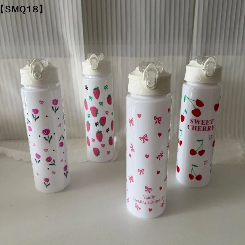 750ML White Water Bottle Full Printed Cartoon Strawberry Bow Flower Fade Resistant Leakproof Reusable Stylish Cup For Sport【SMQ】