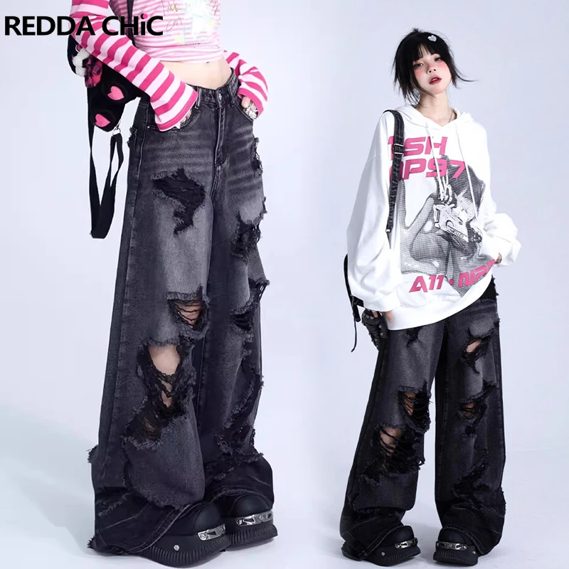 

REDDACHiC Big Size Women Ripped Hole Baggy Jeans Vintage High Waist Whiskers Bleached Gray Wide Leg Pants Y2k Grunge Streetwear