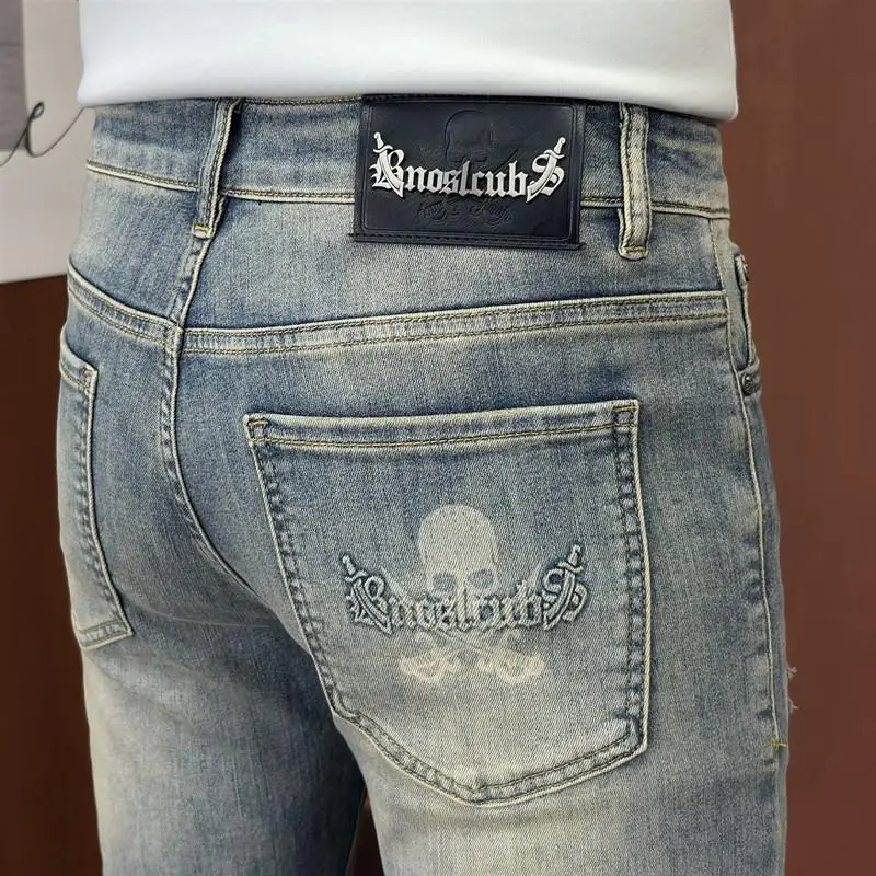 

Мужские джинсы с принтом черепа, облегающие, прямого кроя, модные, брендовые, с эффектом потертости, премиум-качество, смесовая ткань хлопок-полиэстер