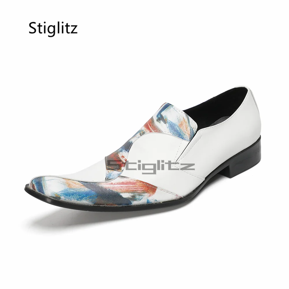 Men's Spliced Prints Leather Shoes Low Heel Mixed Colors Genuine Leather Slip On Oxford Casual Business Party Dress Shoes Male