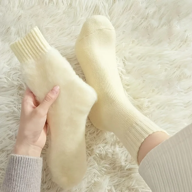 3Double Pack Women's Winter Random Color Soft Plush Lined Warm Socks, Autumn and Winter Thickened Polyester Fleece Snow Socks, U