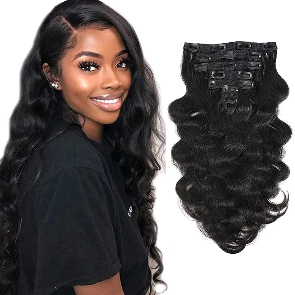 Extensions de cheveux brésiliens Remy Body Wave à clipser pour femmes, cheveux humains de qualité 12A, document naturel, peut être teint, 8 pièces, 120 g/ensemble