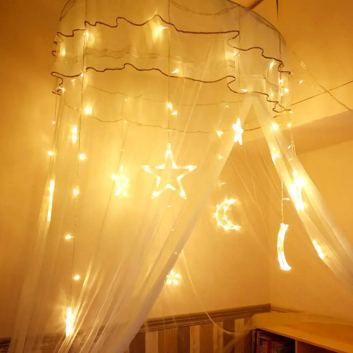 LED Star and Moon Curtain Fairy Lights, Guirlanda de Cordas, Decoração de Casamento, Decoração de Natal e Ano Novo, Romântico, 3,5 m