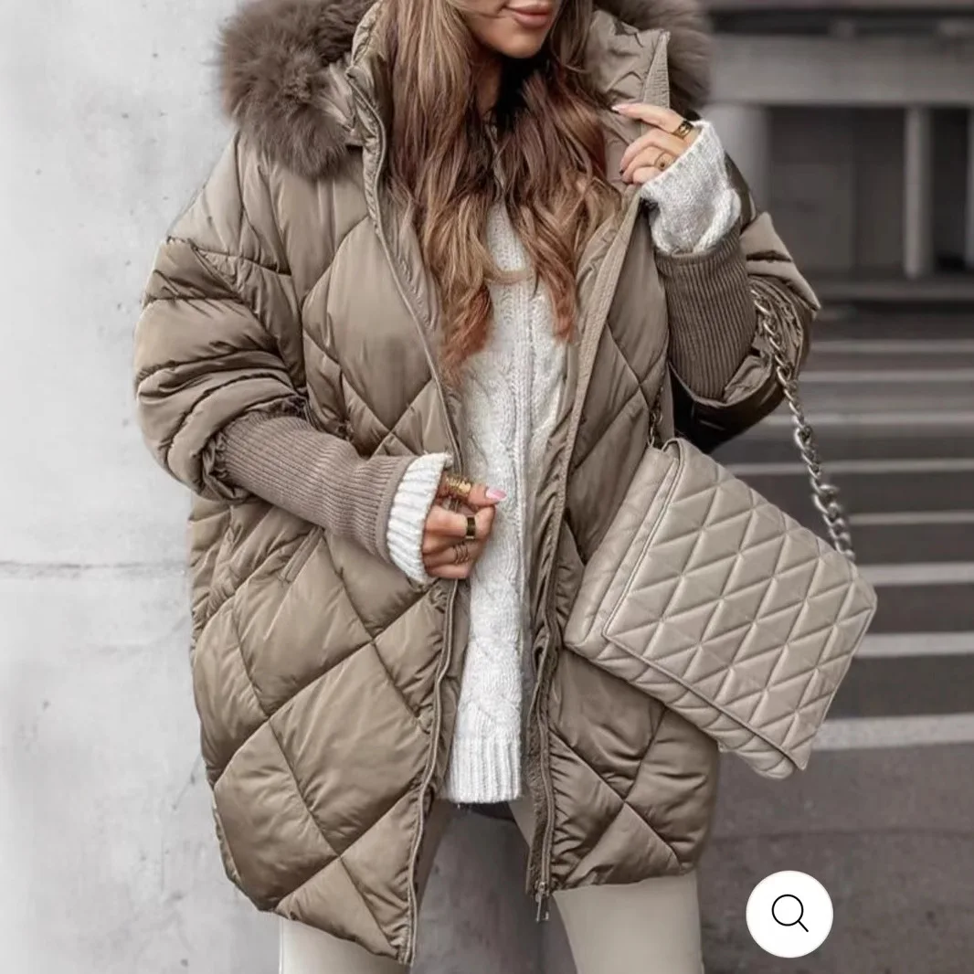 Faux Fur Trim Hooded Puffer Jacket for Women, Diamond Quilted Loose Fit Winter Coat, Warm Windproof Outerwear with Pockets