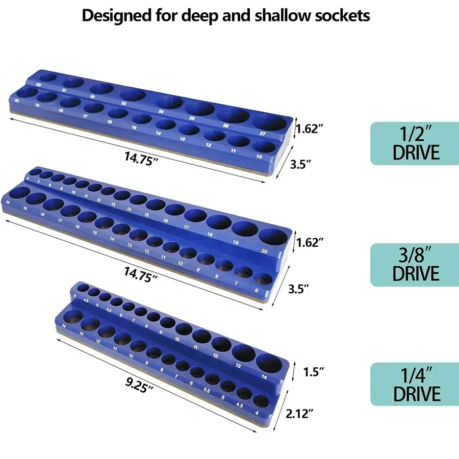 1pcs Blue Magnetic Sockets Storage Rack 1/4In 3/8In 1/2In Plastic Socket Display Holder Kit Professional Metric Tools Organizer