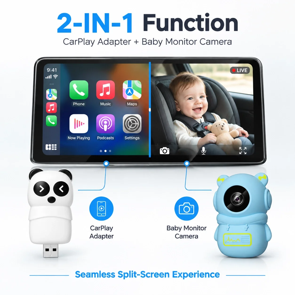 1080P Wireless CarPlay Baby Car Monitor 150° Wide-Angle Night Vision OTA Upgradable Split Screen Rear Seat Child Safety Cam