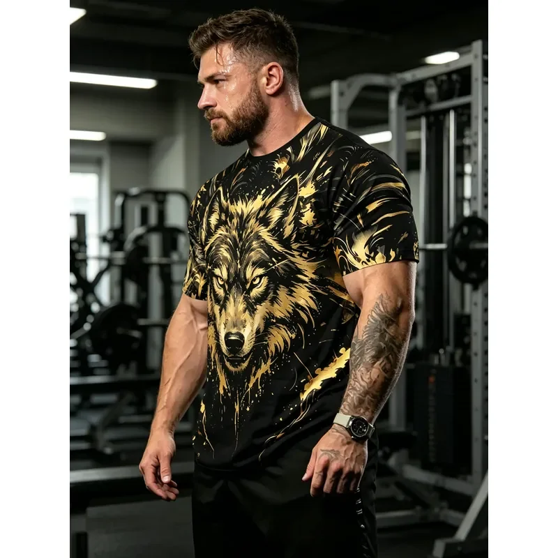 2026 Men's Large Size Short Sleeve T Shirt Golden Wolf Print Domineering Tough Guy Style Fitness Wear Casual Top