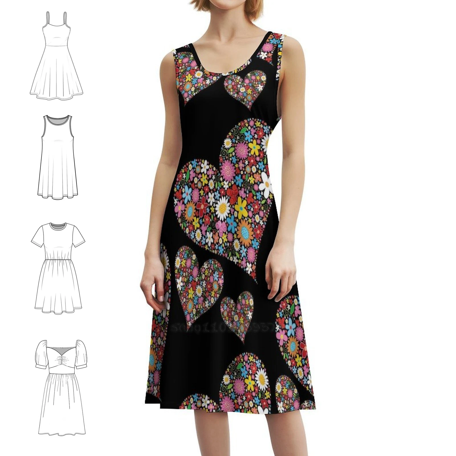 زهور الربيع غريب الأطوار قلوب عيد الحب الثلاثية؟ فستان بوهيمي بدون أكمام للنساء مطبوع عليه فساتين حفلات الشاطئ Fatfatin