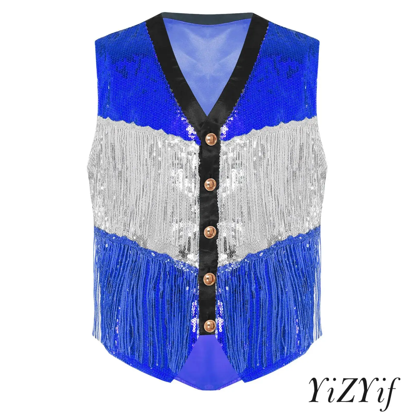 

Men Glitter Fringed Vest Sequin Tiered Tassel V Neck Sleeveless Irregular Hem Waistcoat Tank Top for Disco Jazz Dance Party