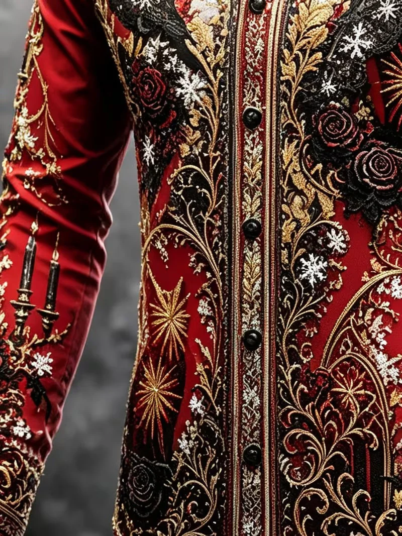 New red background gold black Christmas themed Baroque long sleeved shirt for festive light luxury men's party shirt