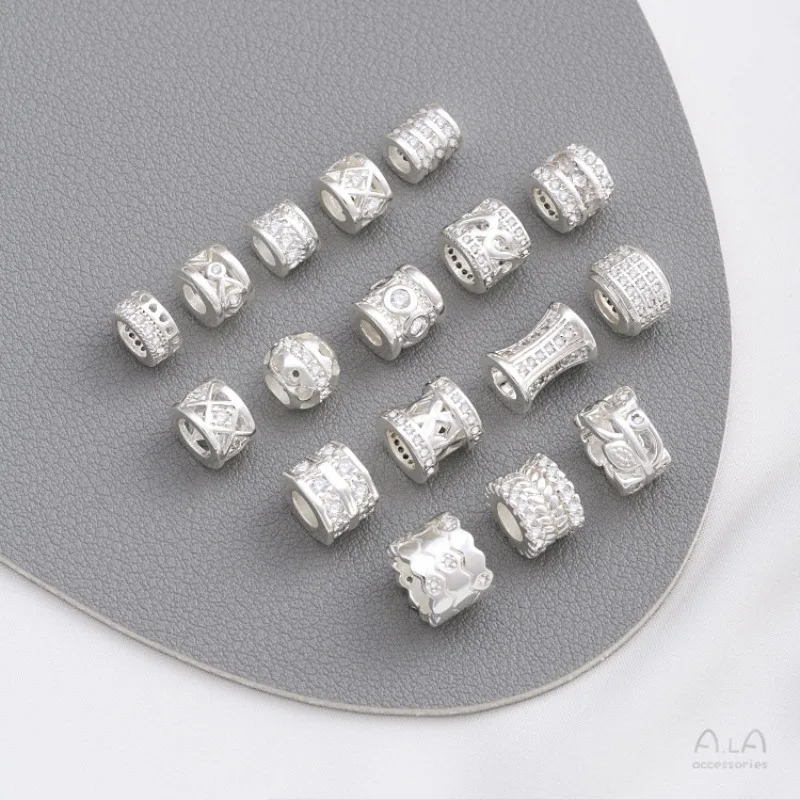 Package Thick Silver Micro-inlaid Zircon Barrel Beads, Large Holes, Wheel Beads Passepartout, Handmade DIY Beading Accessories