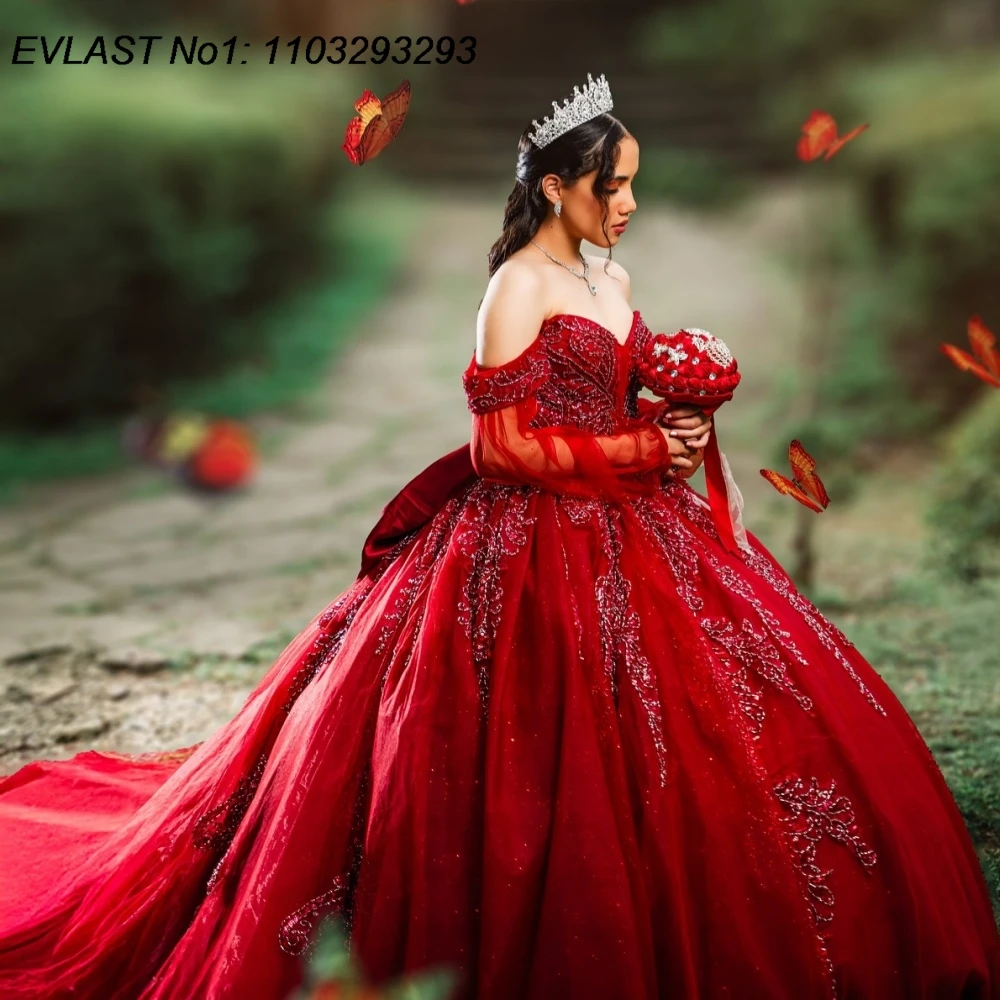 

EVLAST Красное платье принцессы Quinceanera по индивидуальному заказу, бальное платье с блестящей кружевной аппликацией и бантом из бисера, Sweet 16, Vestidos De 15 Anos E1QN454