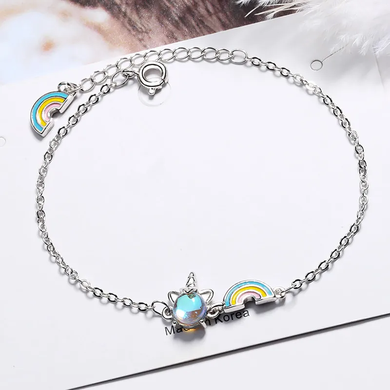 925 Sterling Silver Opal Rainbow Unicorn Charm Bracelets & Bangle For Women Wedding Party Jewelry Gift 2022 New Trendy