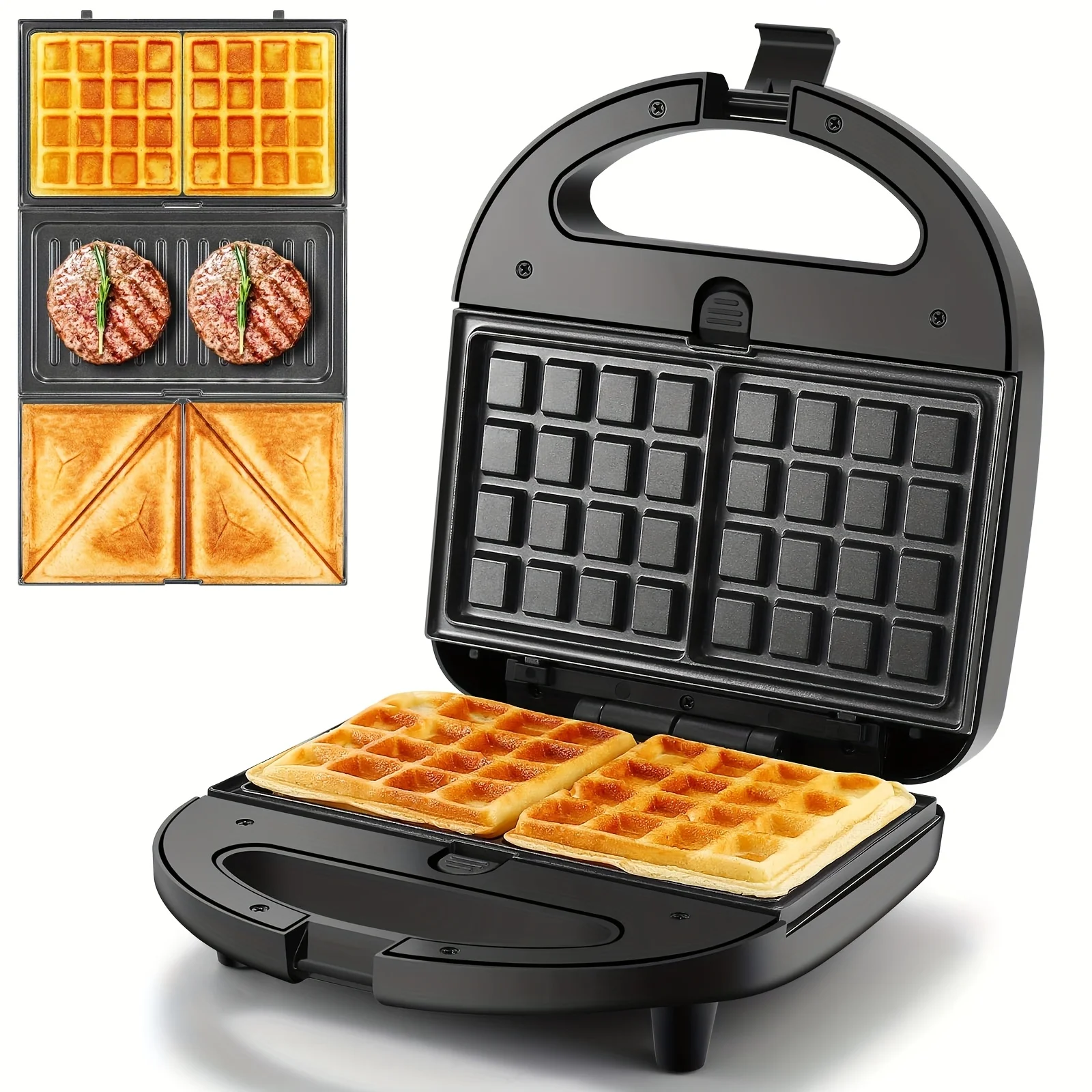 

3-in-1 Sandwich Maker, Panini Press & Waffle Iron, 750W Toaster With Removable Non-Stick Plates, Perfect For Grilled Cheese, Sandwiches & Steaks, Black