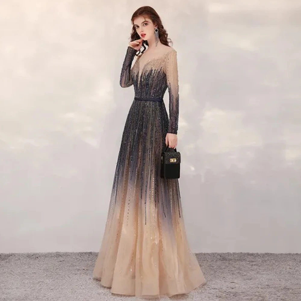 Роскошное вечернее платье из тюля с бисером и овальным вырезом, длиной до пола, с длинным рукавом, иллюзия, изысканное индивидуальное платье ручной работы فساتين سهرة