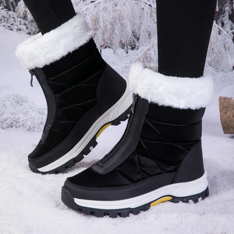 Women Winter Plush Snow Boots Front Zipper Mid‑Calf Booties Waterproof Upper Non‑Slip Thick Sole Cold‑Resistant Outdoor Warm