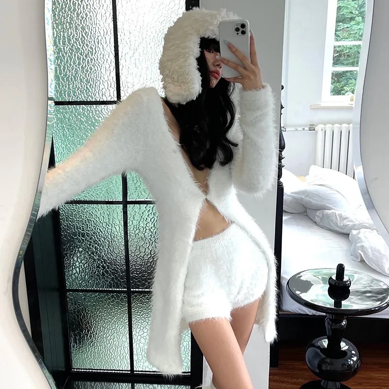 Karrram Fairycore White Cardigans Sexy V-neck Mohair Knitwear Japanese Harajuku Knitted Coat Korean Winter Fur Clothes Fluffy